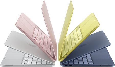MacBook Neo Laptops in den Farben Silber, Rosa, Zitrus und Indigo, halb geöffnet und in einem Halbkreis angeordnet